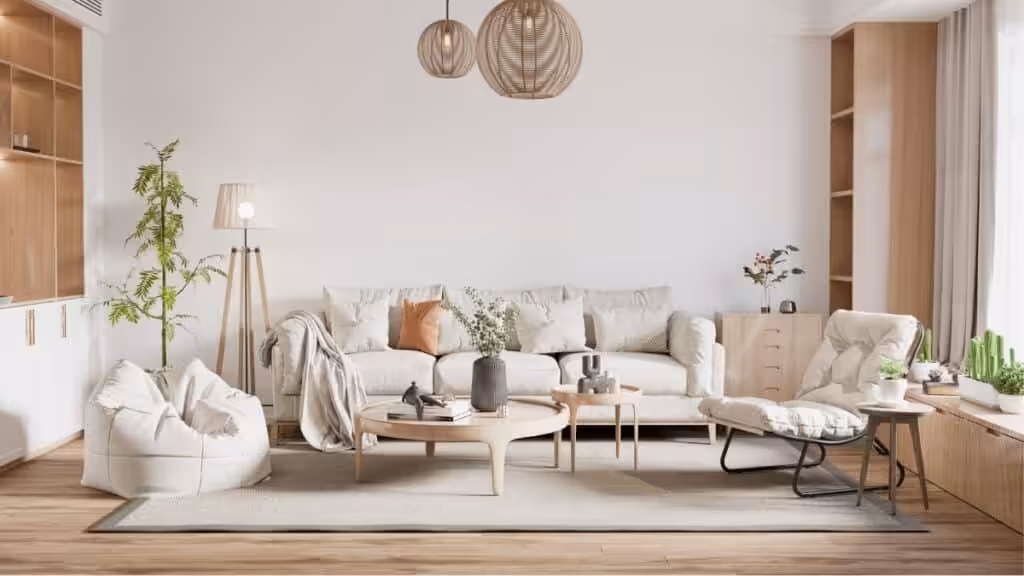 Professionally cleaned living room featuring spotless floors, tidy cushions, and sanitized furniture.