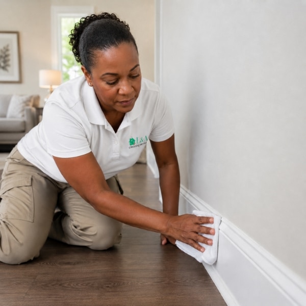 A L&A House Cleaners Wiping Baseboards During A Deep Cleaning