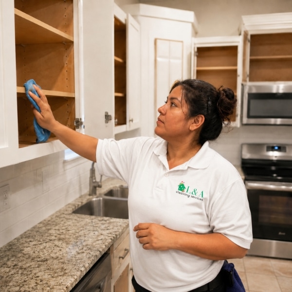 A L&A Cleaner cleaning inside cabinets during a move out cleaning