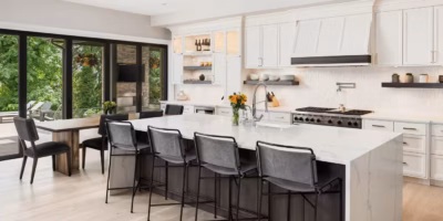 Elegant kitchen with sanitized surfaces after premium house cleaning service.