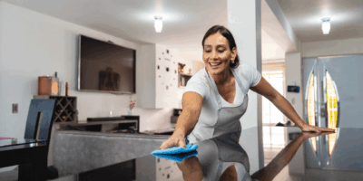 Residential cleaning professional sanitizing a modern kitchen countertop in a home in Green Brook.