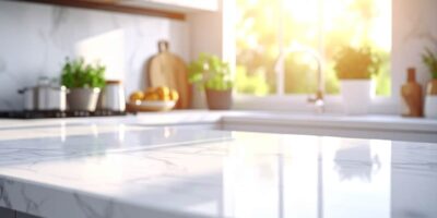 Freshly cleaned kitchen workspace with streak-free stone surfaces and natural light.