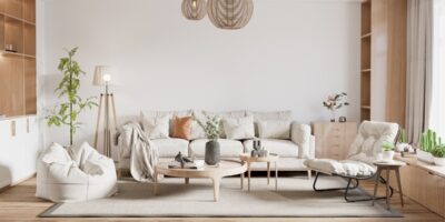Professionally cleaned living room featuring spotless floors, tidy cushions, and sanitized furniture.